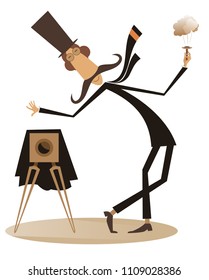 Mustache retro photographer illustration isolated. Cartoon long mustache photographer in the top hat makes a photo isolated on white illustration vector

