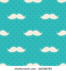 Mustache seamless pattern. Cream and blue colors. Polka dot background. Also for little man party, etc