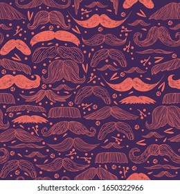 Mustache seamless pattern vector illustration for retro background design with vintage style hipster man moustache. Doodle decoration. Wallpaper, wrapping paper, father day greeting card template.