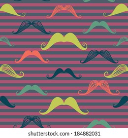 Mustache seamless pattern in vintage style. Pattern or texture with curly retro gentleman mustaches on striped background. For hipster websites, desktop wallpaper, web design.