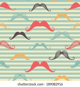 Mustache seamless pattern in vintage style. Pattern or texture with curly retro gentleman mustaches on striped background. For hipster websites, desktop wallpaper, web design.