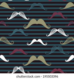 Mustache seamless pattern in vintage style. Pattern or texture with curly retro gentleman mustaches on striped background. Dark backdrop. For hipster websites, desktop wallpaper, web design.