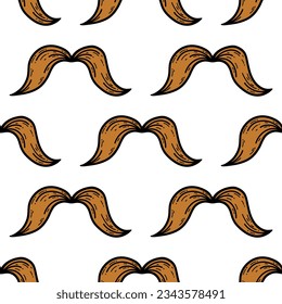 Mustache seamless vector pattern. Brown beard of a gentleman with swirls. Hand drawn doodle, flat cartoon sketch. Vintage hairstyle for a man. Barbershop symbol. Background for posters, print, salon