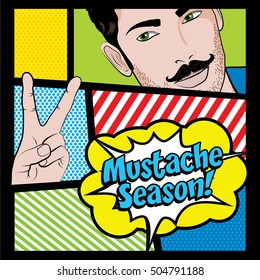Mustache Season Card, Pop art Man vector illustration.