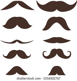 Mustache, set of male brown mustache isolated on white. Vector mustache illustration in flat design. Vector.