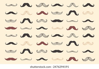 Mustache set. A man mustache is of different shape and appearance. Decoration for parties, fake mustache. Vector illustration