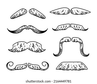 Mustache set vector icon in doodle style. Simple black illustration of hipster hand drawn mustaches on white.