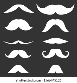 Mustache, silhouette of male mustache isolated on a black background. Vector, cartoon illustration of a white mustache, vector.