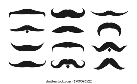 Mustache silhouettes, hipster and gentleman style elegance design, barbershop facial, male face accessory. Set of mustaches isolated on white background. Decorative items for the stand. Vector.