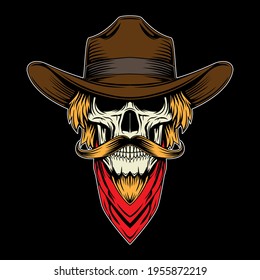 mustache skull cowboy vector illustration