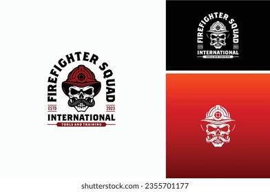 Mustache Skull Firefighter Wearing Fireman Helmet logo design