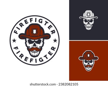 Mustache Skull Firefighter Wearing Fireman Helmet logo design