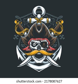 mustache skull pirate with sword and anchor