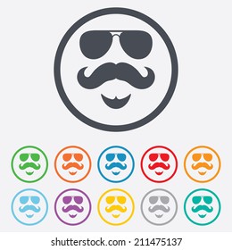 Mustache and Sunglasses sign icon. Hipster with beard symbol. Round circle buttons with frame. Vector