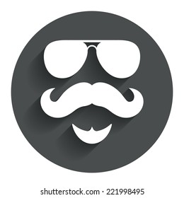 Mustache and Sunglasses sign icon. Hipster with beard symbol. Circle flat button with shadow. Modern UI website navigation. Vector