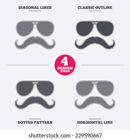 Mustache and Sunglasses sign icon. Hipster symbol. Diagonal and horizontal lines, classic outline, dotted texture. Pattern design icons.  Vector