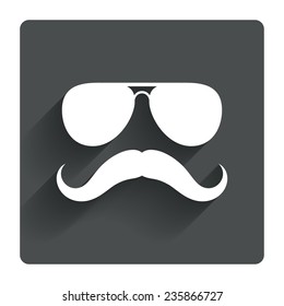 Mustache and Sunglasses sign icon. Hipster symbol. Gray flat square button with shadow. Modern UI website navigation. Vector