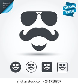 Mustache and Sunglasses sign icon. Hipster with beard symbol. Circle and square buttons. Flat design set. Thank you ribbon. Vector