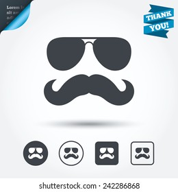 Mustache and Sunglasses sign icon. Hipster symbol. Circle and square buttons. Flat design set. Thank you ribbon. Vector