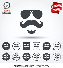 Mustache and Sunglasses sign icon. Hipster with beard symbol. Circle, star, speech bubble and square buttons. Award medal with check mark. Thank you ribbon. Vector