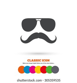 Mustache and Sunglasses sign icon. Hipster symbol. Classic flat icon. Colored circles. Vector