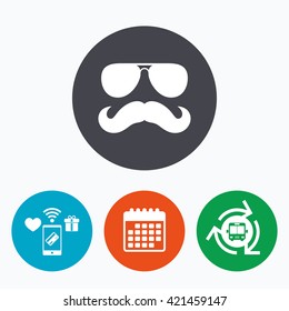 Mustache and Sunglasses sign icon. Hipster symbol. Mobile payments, calendar and wifi icons. Bus shuttle.