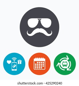 Mustache and Sunglasses sign icon. Hipster symbol. Mobile payments, calendar and wifi icons. Bus shuttle.
