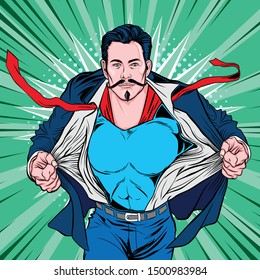 Mustache Superhero Style Open Clothing Male businessman Pop Art Retro Vector Illustration