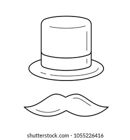 Mustache y el icono de la línea vectorial del sombrero superior aislado en el fondo blanco. Icono de línea de sombrero y bigote superior para infografía, sitio web o aplicación.