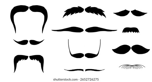 Mustache trendy styles set. Moustache curly horseshoe imperial pencil english pyramid italian and french vintage narrow walrus brush male hipster modern fashion. Chevron vector. 