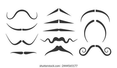 Iconos vectoriales de silueta negra. Manillar, Chevron, Dalí, Herradura, Fu Manchu, Lápiz, Inglés, Morsa