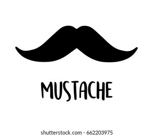 Mustache vector illustration drawing. Cartoon mustache icon isolated on white background with writing.