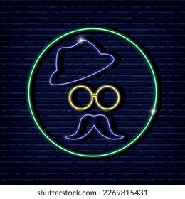 Mustache, vector neon image. Mustache, glasses and hat, logo, signboard. Icon