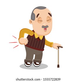 Mustached balding elderly man in shirt, knitted vest and trousers standing with walking stick, suffering from back pain. Rheumatism. Vector cartoon illustration isolated on white background.