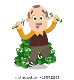 Mustached balding elderly man in shirt, knitted vest and trousers jumping for joy near big pile of banknotes. Happy aged pensioner enjoying his wealth. Vector cartoon illustration isolated on white.