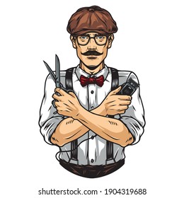 Mustached barber in irish cap and glasses holding scissors and hair clipper in crossed hands isolated vector illustration