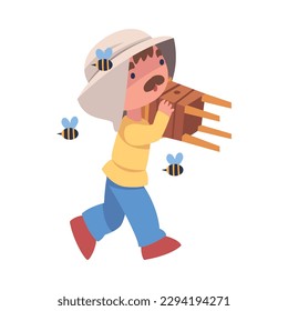 Mustached Beekeeper Carrying Wooden Beehive Keeping Honey Bee Engaged in Apiculture Vector Illustration