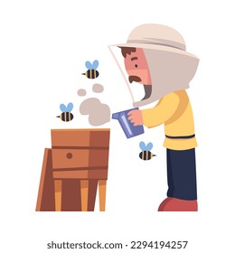 Mustached Beekeeper with Smoker Keeping Honey Bee Engaged in Apiculture Vector Illustration