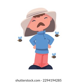 Mustached Beekeeper Standing with Hands in Hips and Bee Swarm Flying Around Engaged in Apiculture Vector Illustration