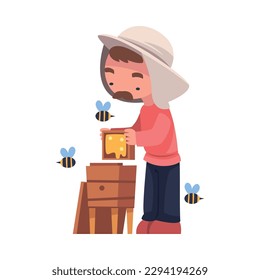 Mustached Beekeeper with Wooden Brood Frame Keeping Honey Bee Engaged in Apiculture Vector Illustration