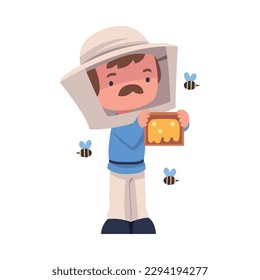 Mustached Beekeeper with Wooden Brood Frame Keeping Honey Bee Engaged in Apiculture Vector Illustration
