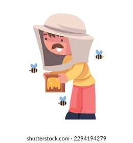 Mustached Beekeeper with Wooden Brood Frame Keeping Honey Bee Engaged in Apiculture Vector Illustration