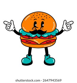 Um personagem de hambúrguer com bigode posa feliz com um sorriso peculiar, expressando alegria, personalidade e um humor alegre em um design colorido.
