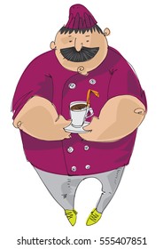 A mustached cook is holding cup of coffee with picture on foam surface. Cartoon. Restaurant service.
