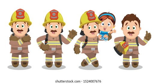 Mustached firefighter in protective costume and hardhat standing crossing arms on breast, waving hand, showing thumb up, carrying girl on shoulder. Vector cartoon set isolated on white background.