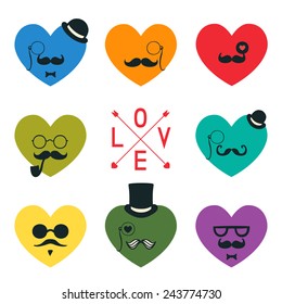 Mustached hearts set.