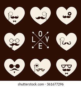 Mustached hearts set.