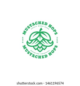 Mustached hops logo design template in linear style. Vector illustration.