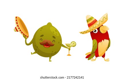 Mustached Lime and Parrot in Sombrero Hat with Tequila as Mexican Culture Symbols Vector Set