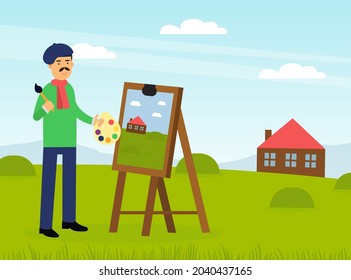 Mustached Man Artist in Beret Painting Outdoor Landscape with Drawing Easel Vector Illustration